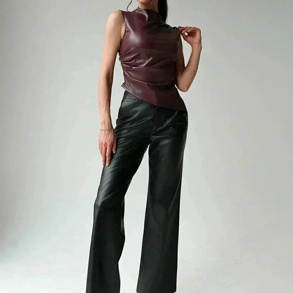 Wine Red Preppy Women's Motorcycle Solid PU Asymmetric Ruched Waist Tank Top - Picture 4 of 5